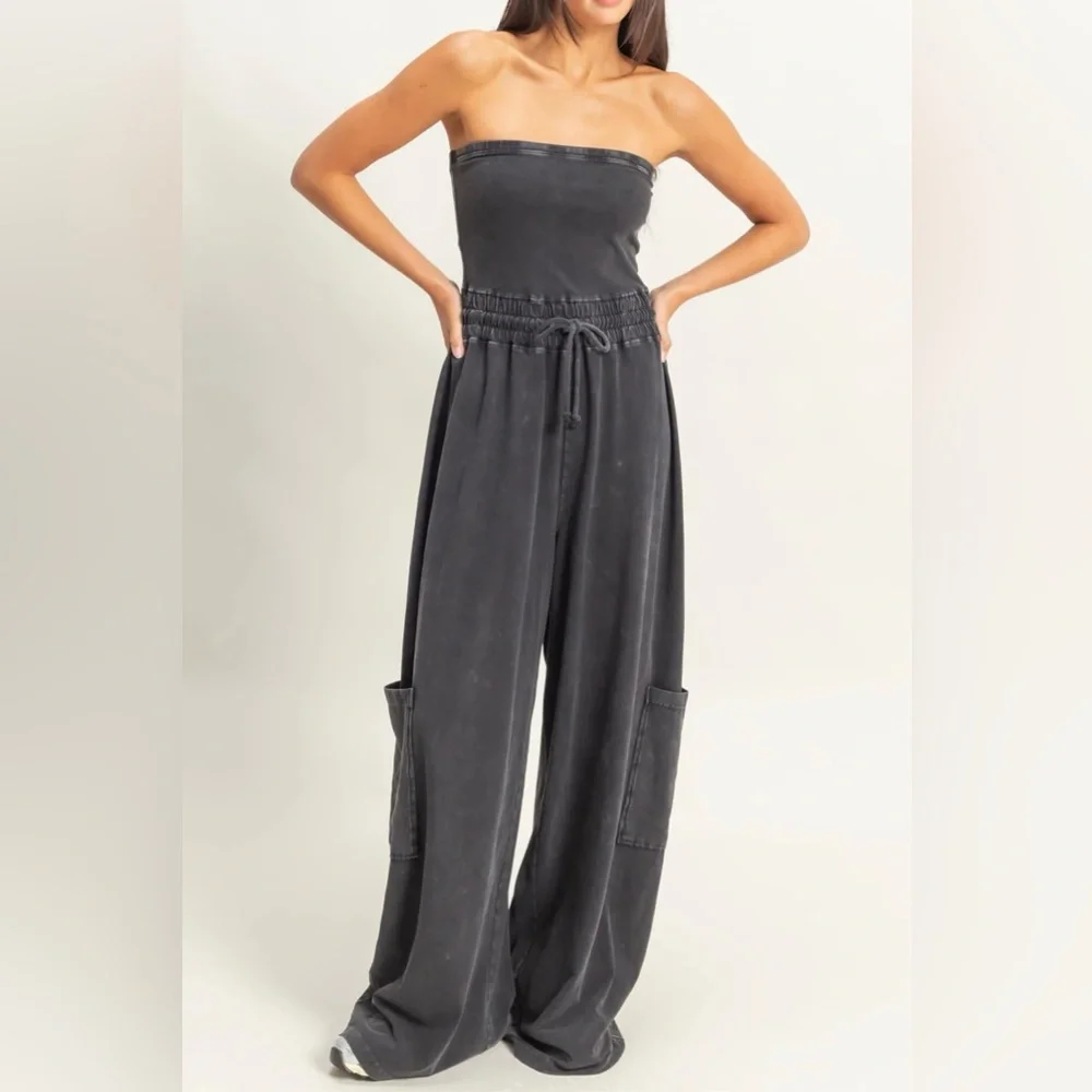 NWT Washed Cotton Tube Top Strapless Drawstring Cargo Pocket Wide Leg Jumpsuit - Picture 5 of 6